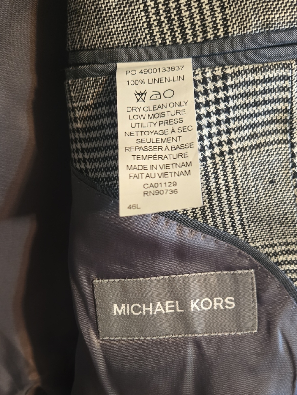 Michael Kors Mens Classic-Fit 100% Linen Plaid Sport Coat Blazer Grey Black 46L - Picture 7 of 11